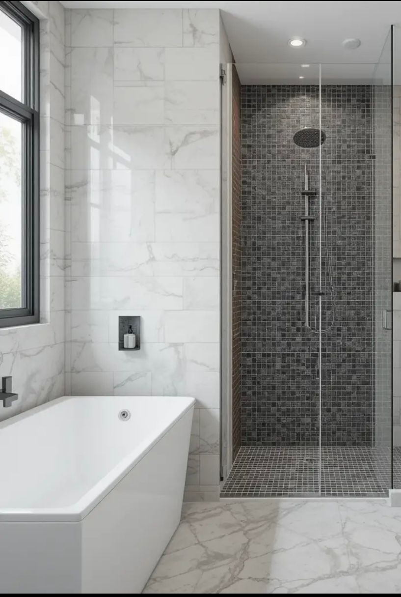 Modern bathroom with white tub, walk-in shower with dark mosaic tile, and marble walls.