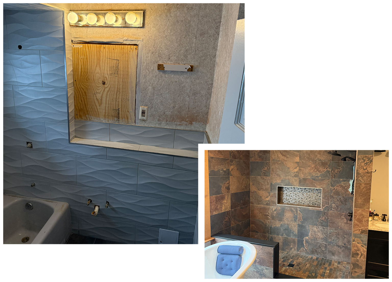 Two bathroom views. One with blue wavy tiles and a wooden cabinet. The other with brown stone tiles and a recessed shelf.