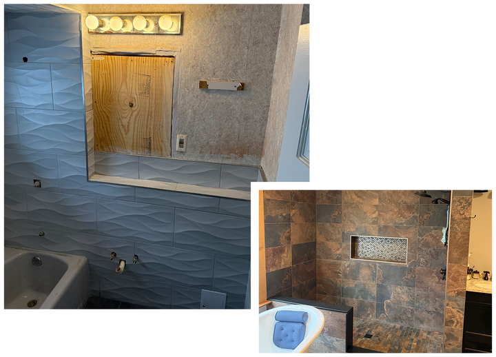 Two bathroom views. One with blue wavy tiles and a wooden cabinet. The other with brown stone tiles and a recessed shelf.