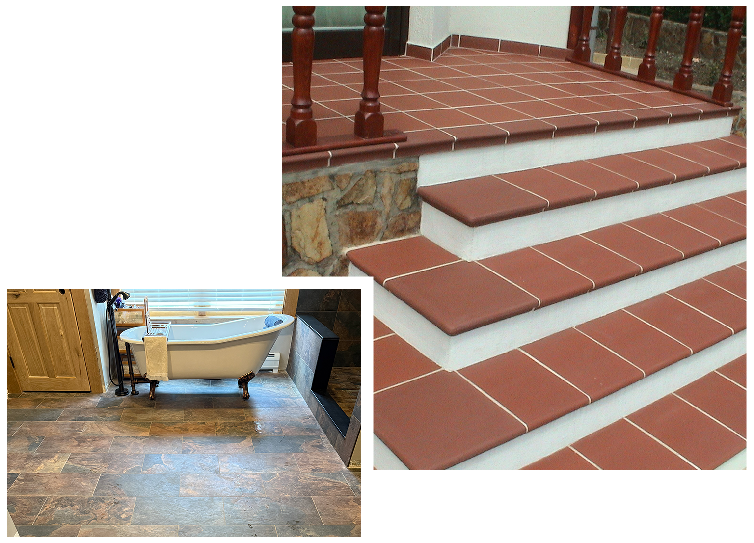 Red tile steps leading to a doorway, with a claw-foot bathtub in a bathroom on the left.