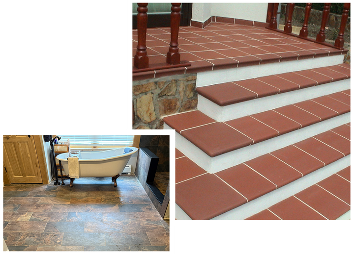 Red tile steps leading to a doorway, with a claw-foot bathtub in a bathroom on the left.