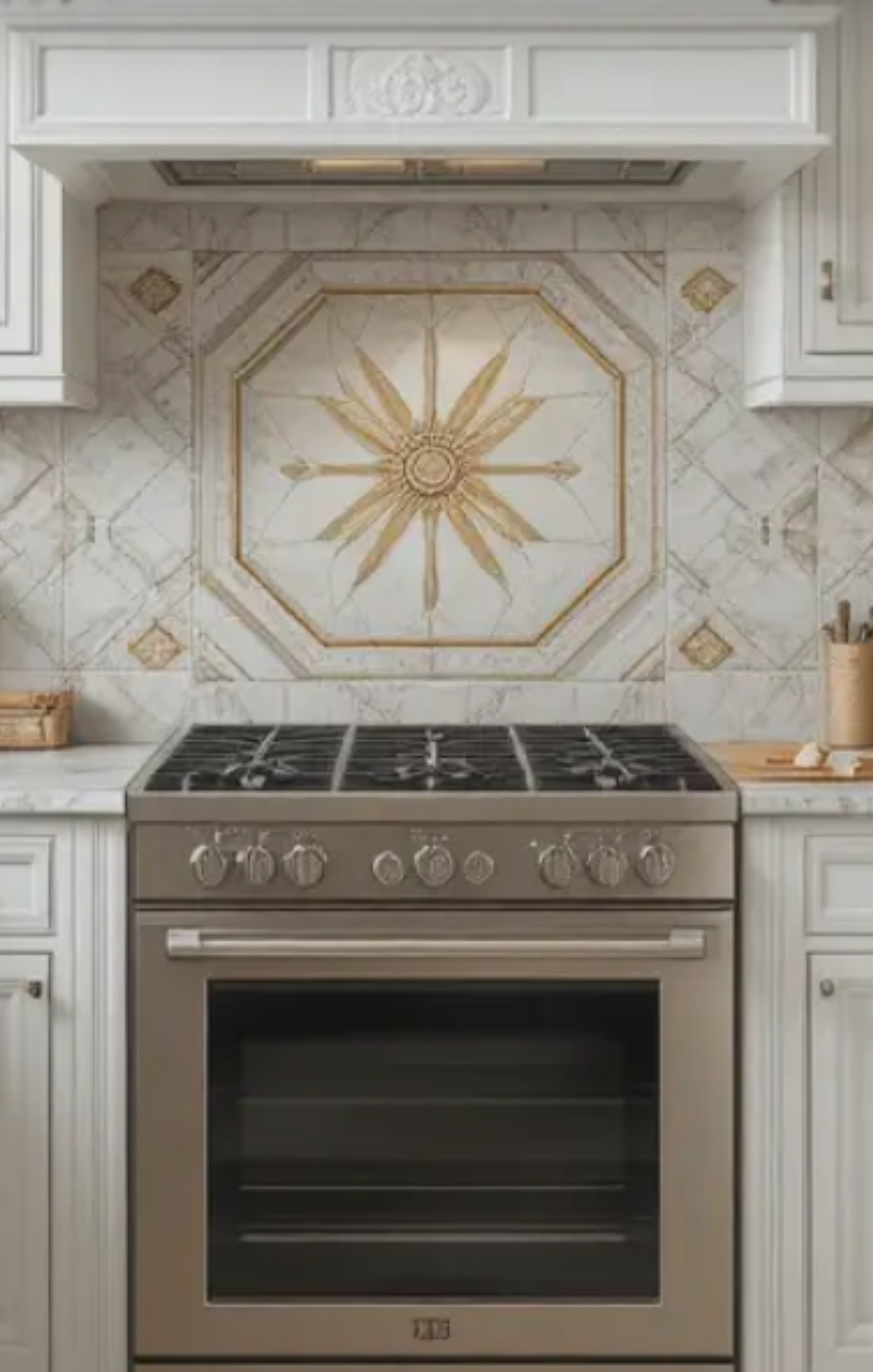 Stainless steel range in a kitchen, with decorative tile backsplash and white cabinetry.