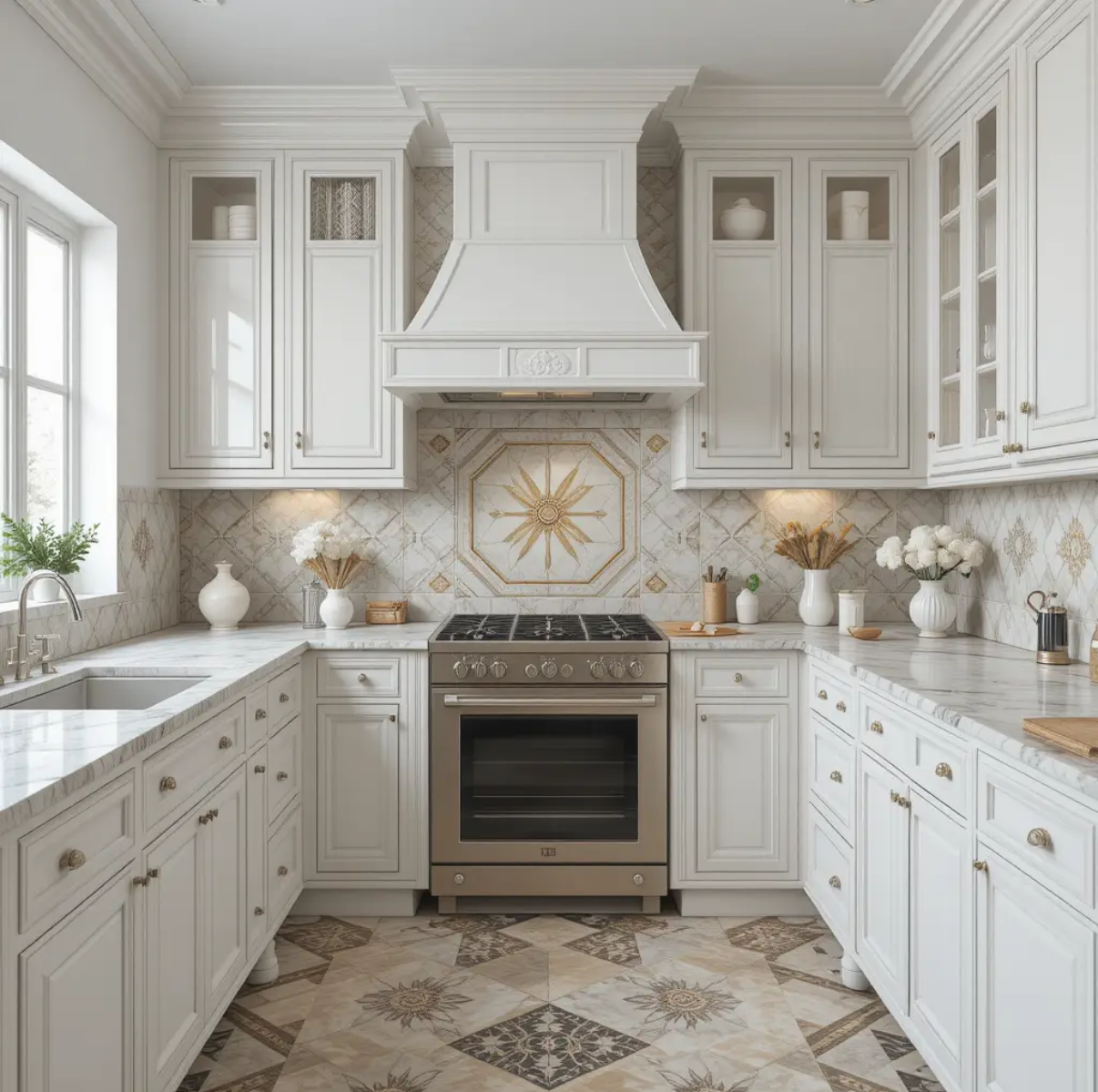 White kitchen with ornate cabinets, stainless steel range, marble countertops and decorative backsplash.