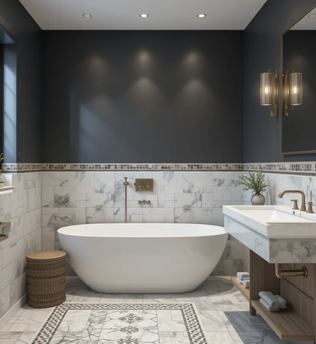 Modern bathroom with white tub, marble tile, dark gray wall, and brass fixtures.