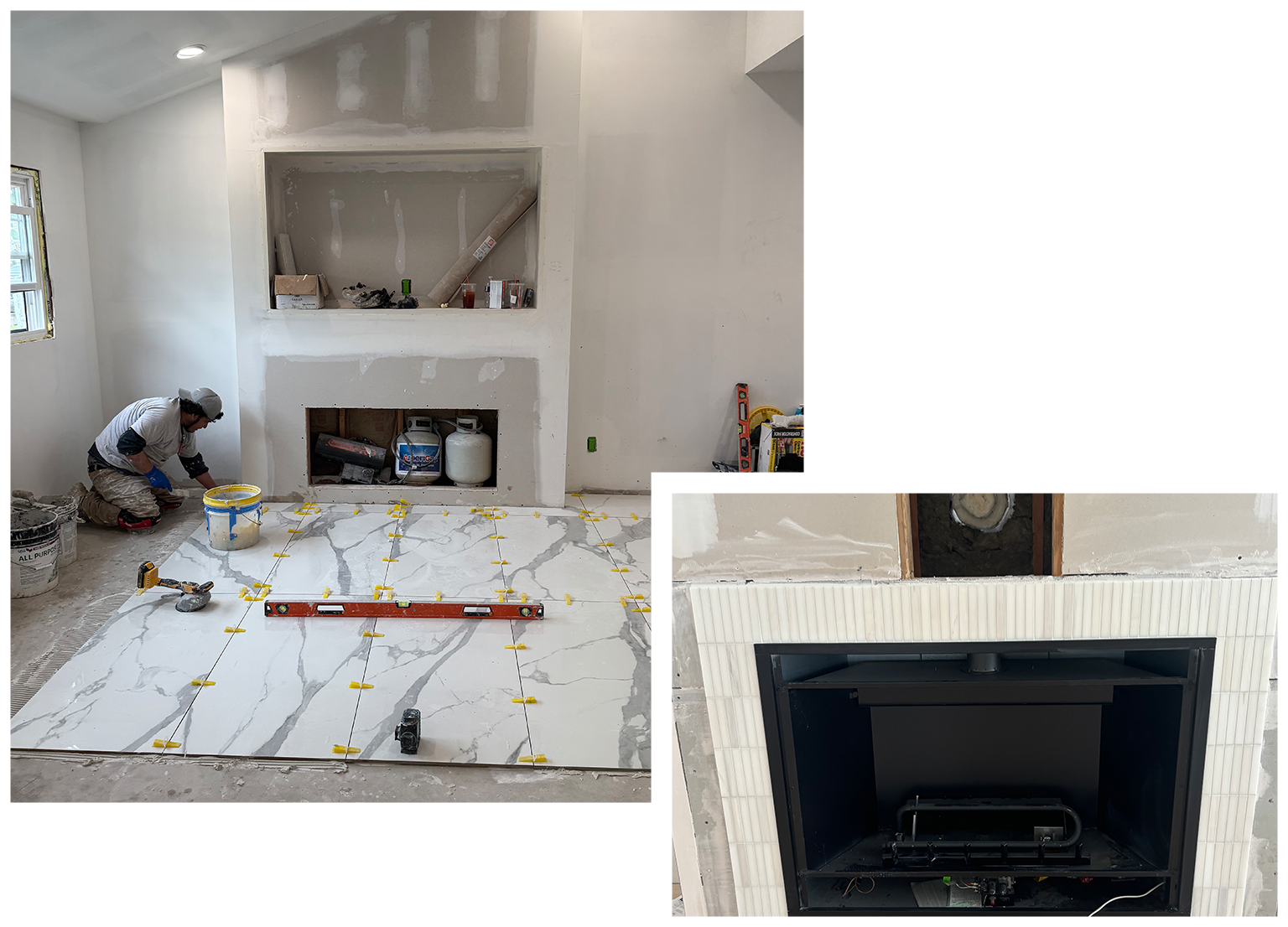 Tiling a fireplace and hearth; worker applies grout. Completed fireplace has a black interior. White marble-like tile.