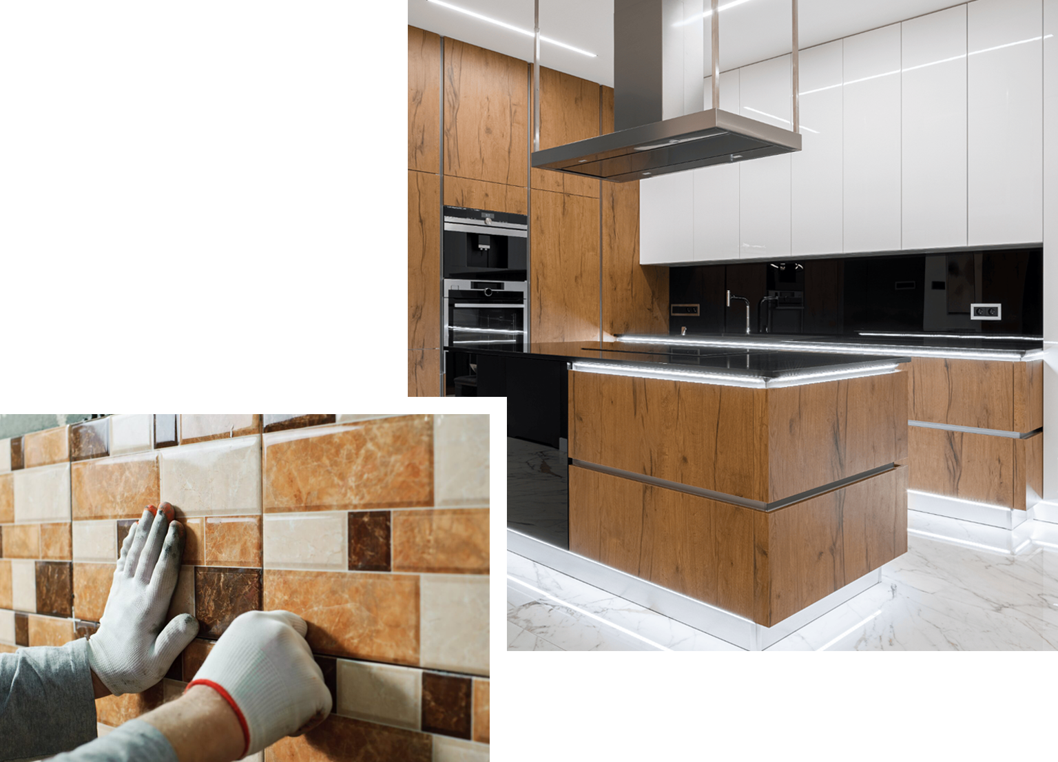 Kitchen renovation: worker tiling backsplash, modern kitchen with wood cabinets and island.