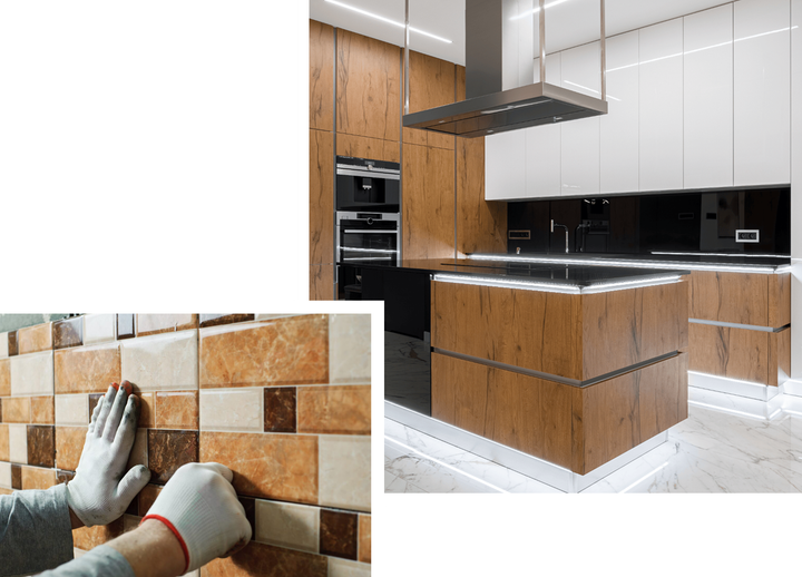 Kitchen renovation: worker tiling backsplash, modern kitchen with wood cabinets and island.