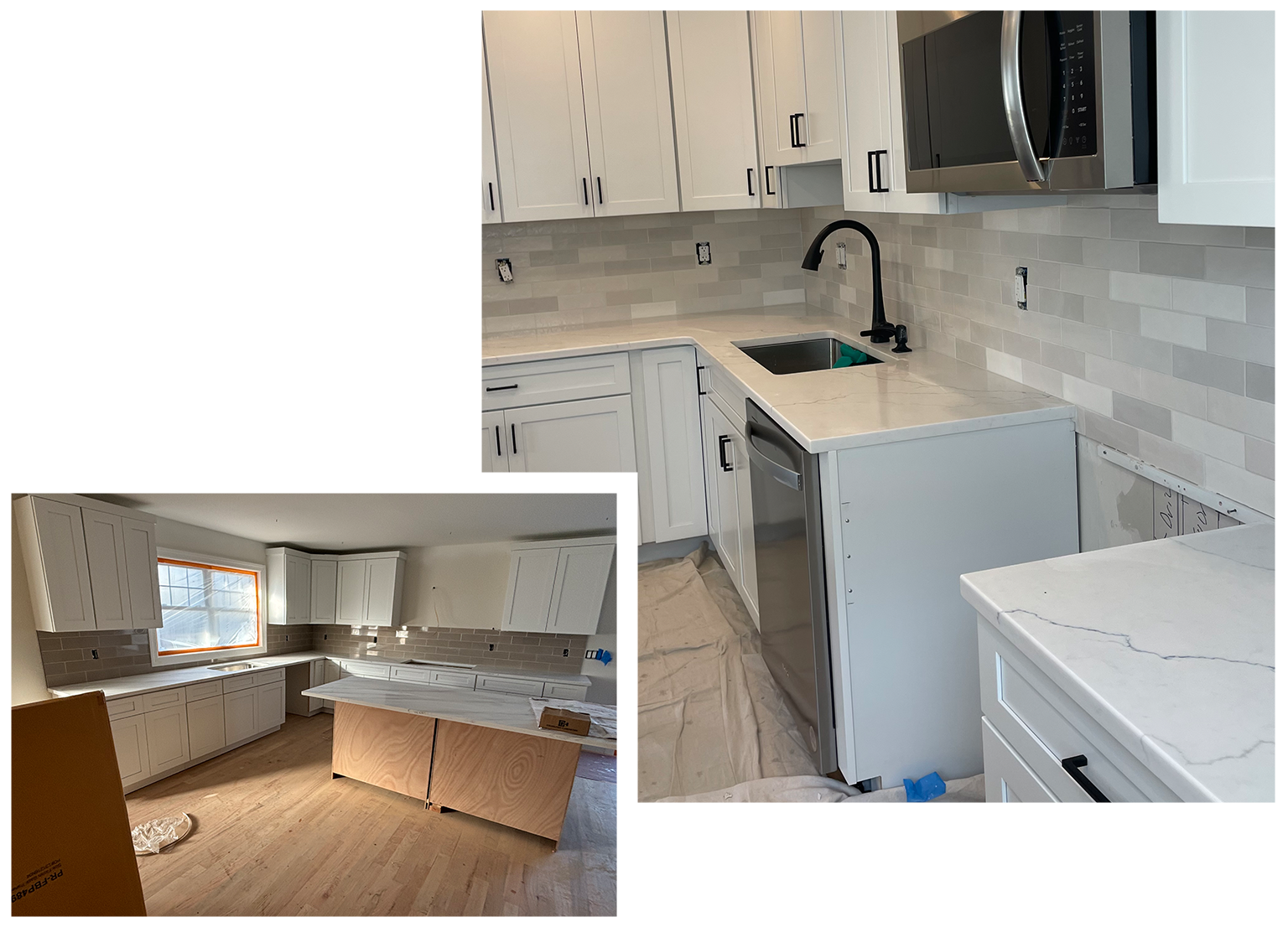 White kitchen remodel in progress, featuring new cabinets, countertops, and appliances.