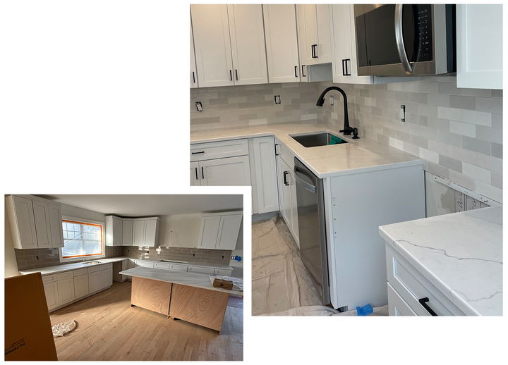 White kitchen remodel in progress, featuring new cabinets, countertops, and appliances.