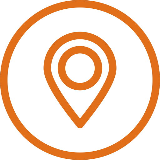 Orange location pin icon inside of an orange circle.