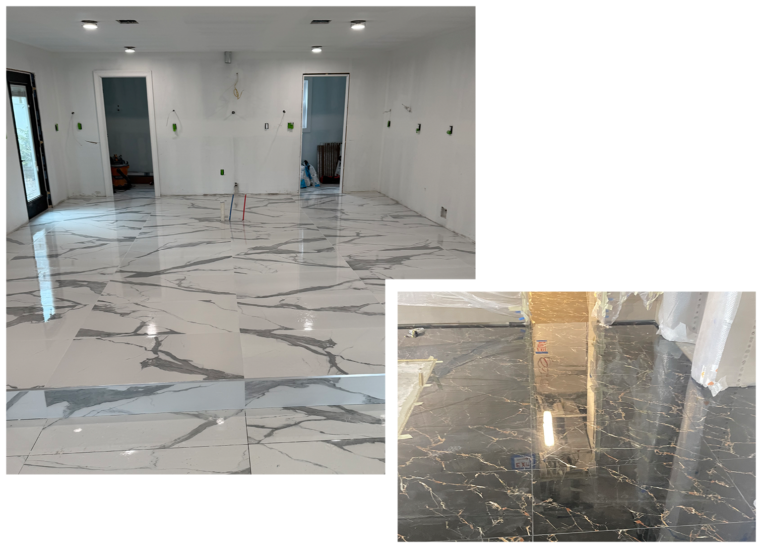 A newly tiled room, with shiny marble-like flooring and empty doorways. A close-up shows dark flooring with gold veining.