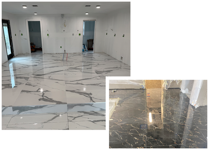 A newly tiled room, with shiny marble-like flooring and empty doorways. A close-up shows dark flooring with gold veining.