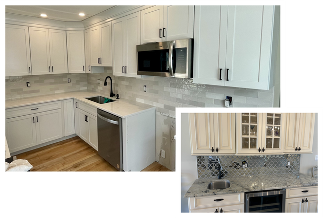 Two white kitchens: one with a microwave, the other with glass-front cabinets and wine cooler.