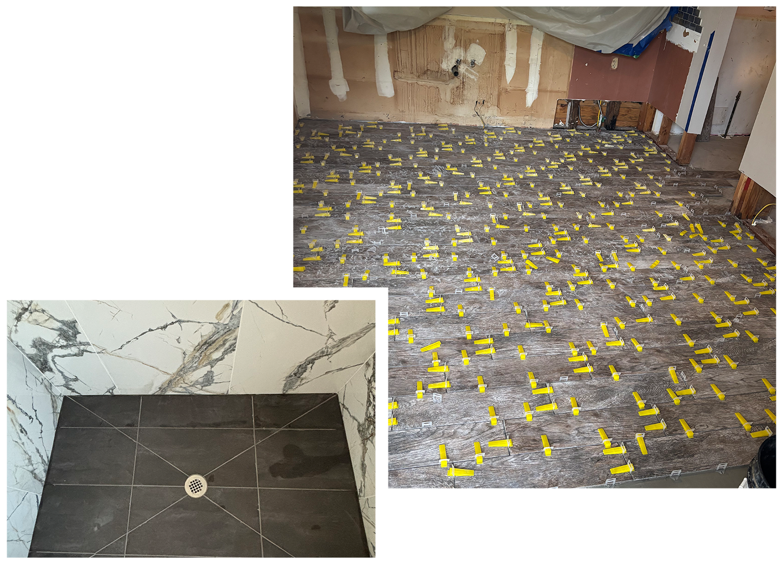 Tile installation in progress. Floor scattered with yellow leveling spacers. Finished shower with dark tile.