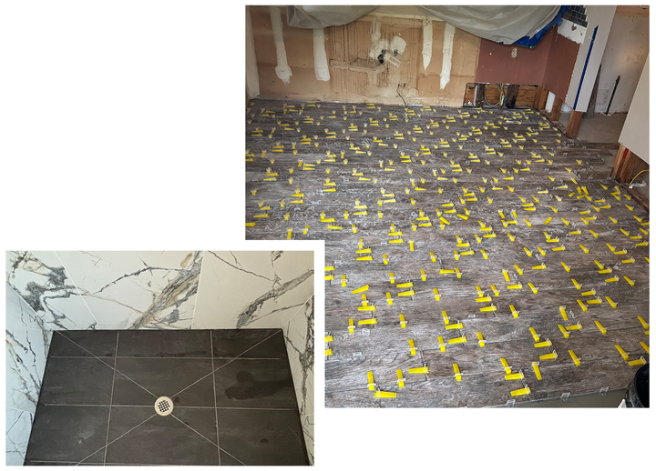 Floor tiling in progress with leveling clips and a finished shower floor.