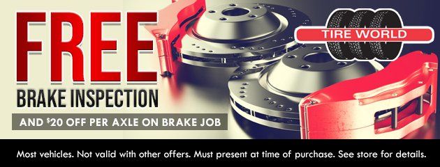 A Tire World ad offering a free brake inspection and $20 off per axle on brake jobs, featuring brake rotors and calipers.