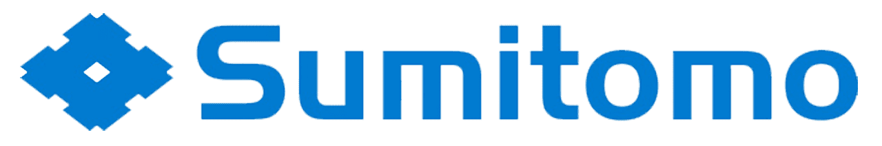 Blue Sumitomo logo with geometric icon and wordmark on a white background