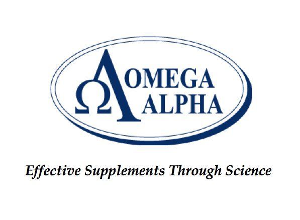 Logo for Omega Alpha supplements: oval with blue border,