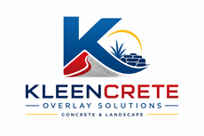 Kleencrete Overlay Solutions logo with blue and red &ldquo;K,&rdquo; yellow swoosh, and concrete landscape icon