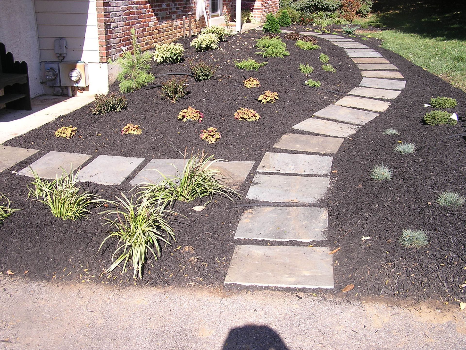Curved stone walkway through a mulched garden bed beside a house with small plants.
