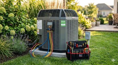 HVAC unit being serviced outdoors, with toolbox and hoses, on a grassy lawn with a house in the background.