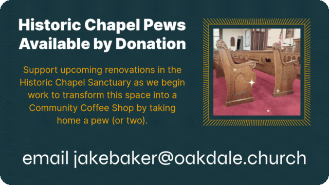 Advertisement for historic chapel pews available by donation, converting to a coffee shop.