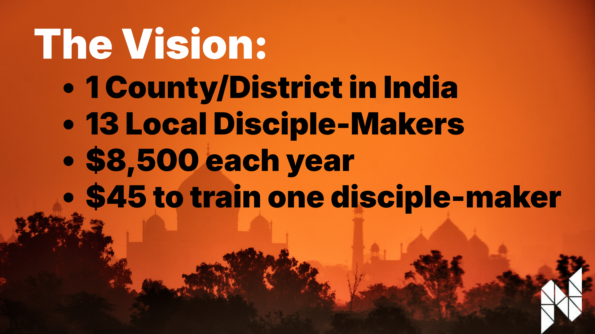 Text graphic over a sunset photo of the Taj Mahal outlines a goal of training 13 disciple-makers in India for $8,500/year.