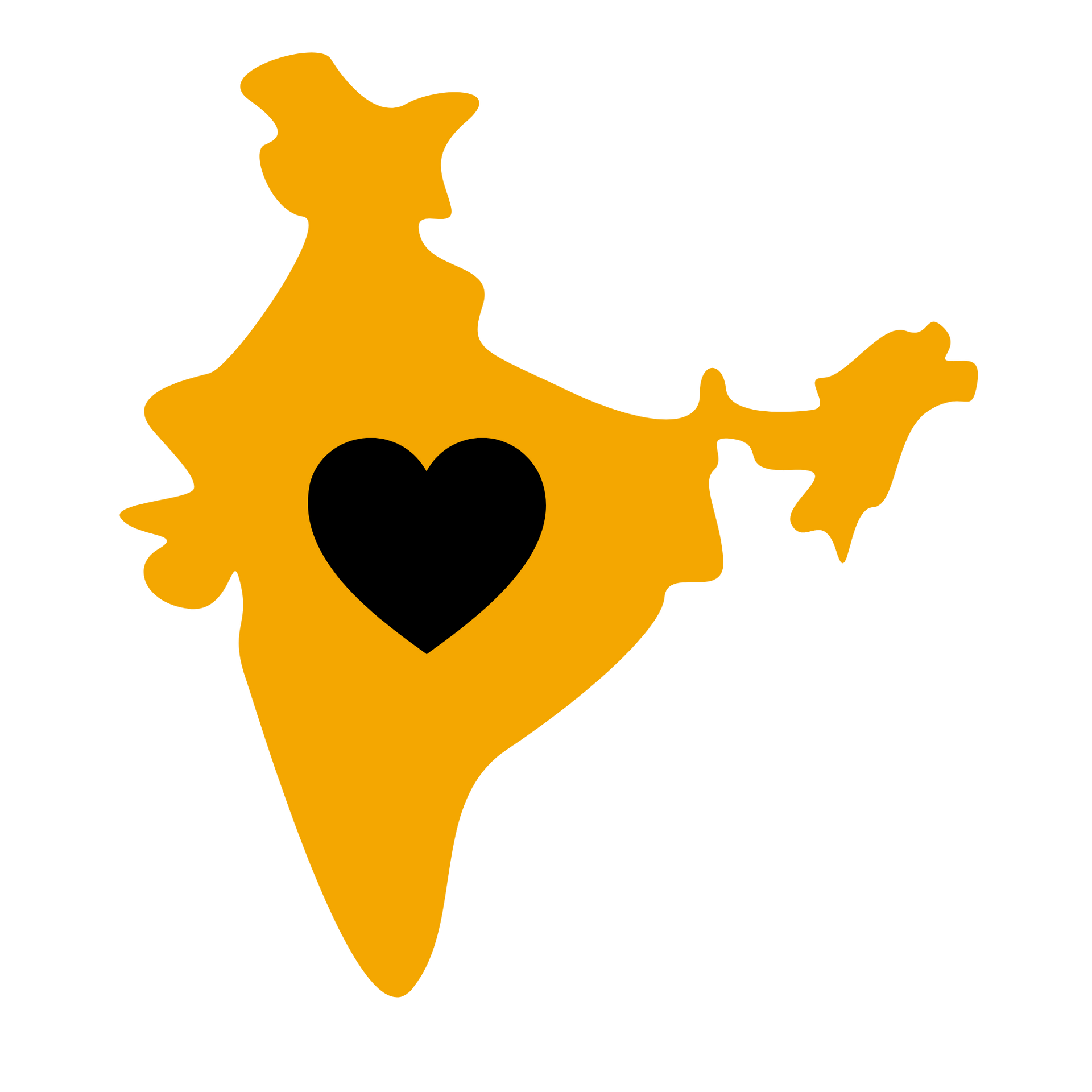 A yellow silhouette map of India with a black heart in the center.