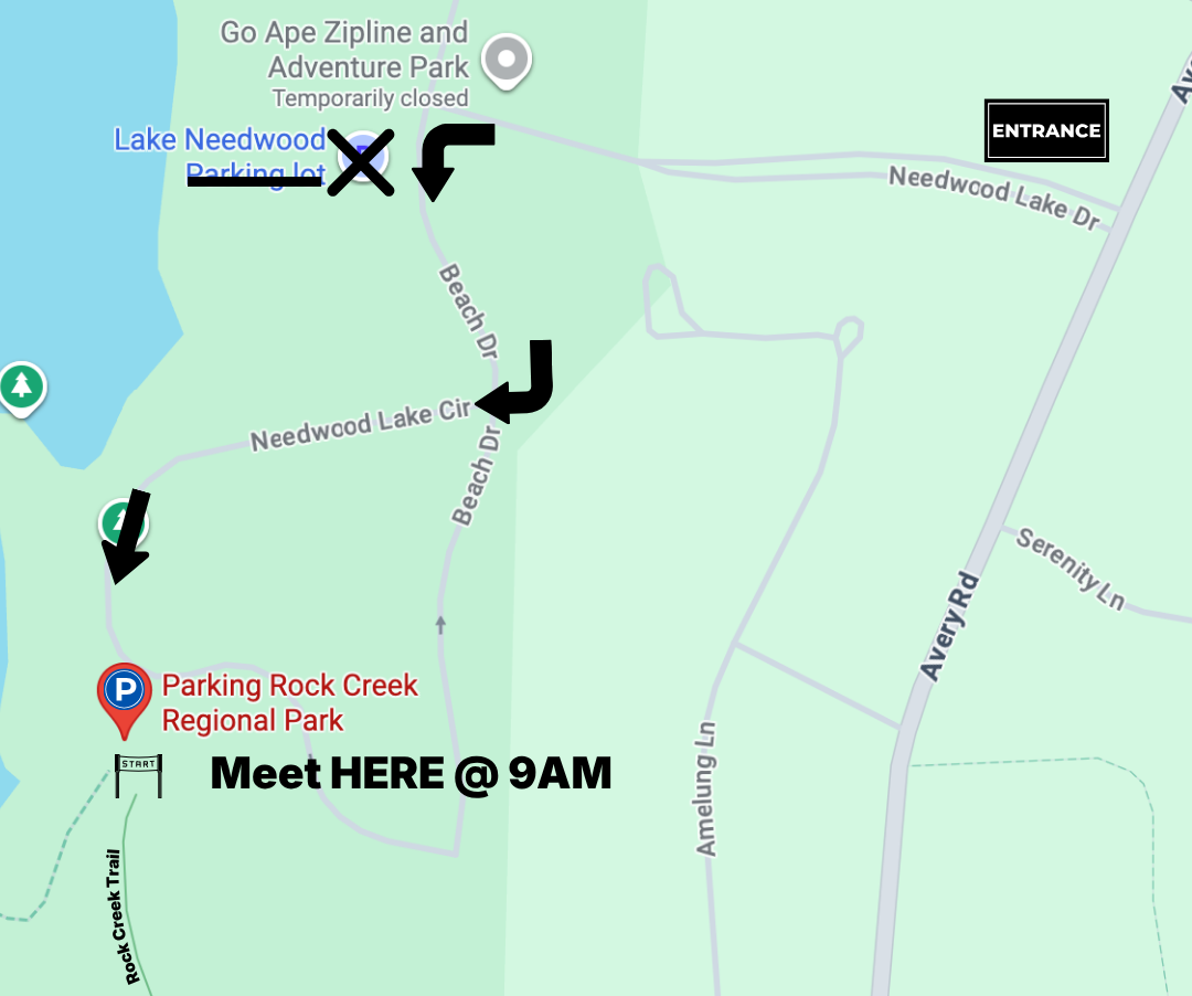 Map of Parking Rock Creek Regional Park with arrows and “Meet HERE @ 9AM” meeting point