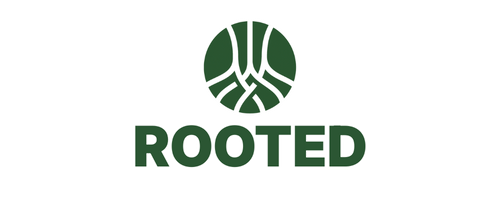 Green logo with a circle icon of roots above the word 