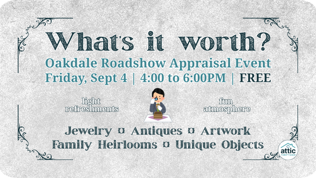 Oakdale Roadshow appraisal event flyer, Sept. 4, 4–6 PM, free, for jewelry, antiques, artwork and heirlooms