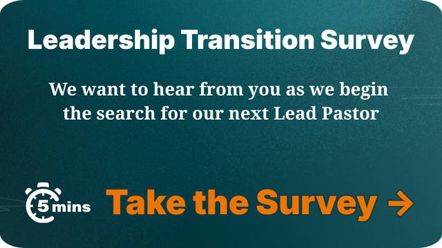 Leadership Transition Survey banner with orange “Take the Survey” call to action and 5-minute icon on teal background
