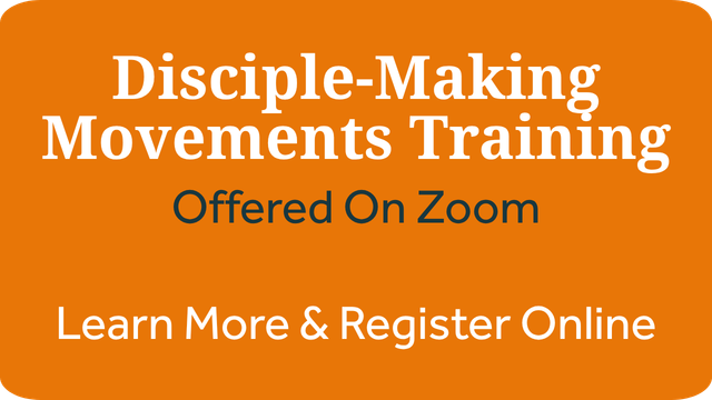 Orange promo for “Disciple-Making Movements Training,” offered on Zoom, with “Learn More & Register Online.”