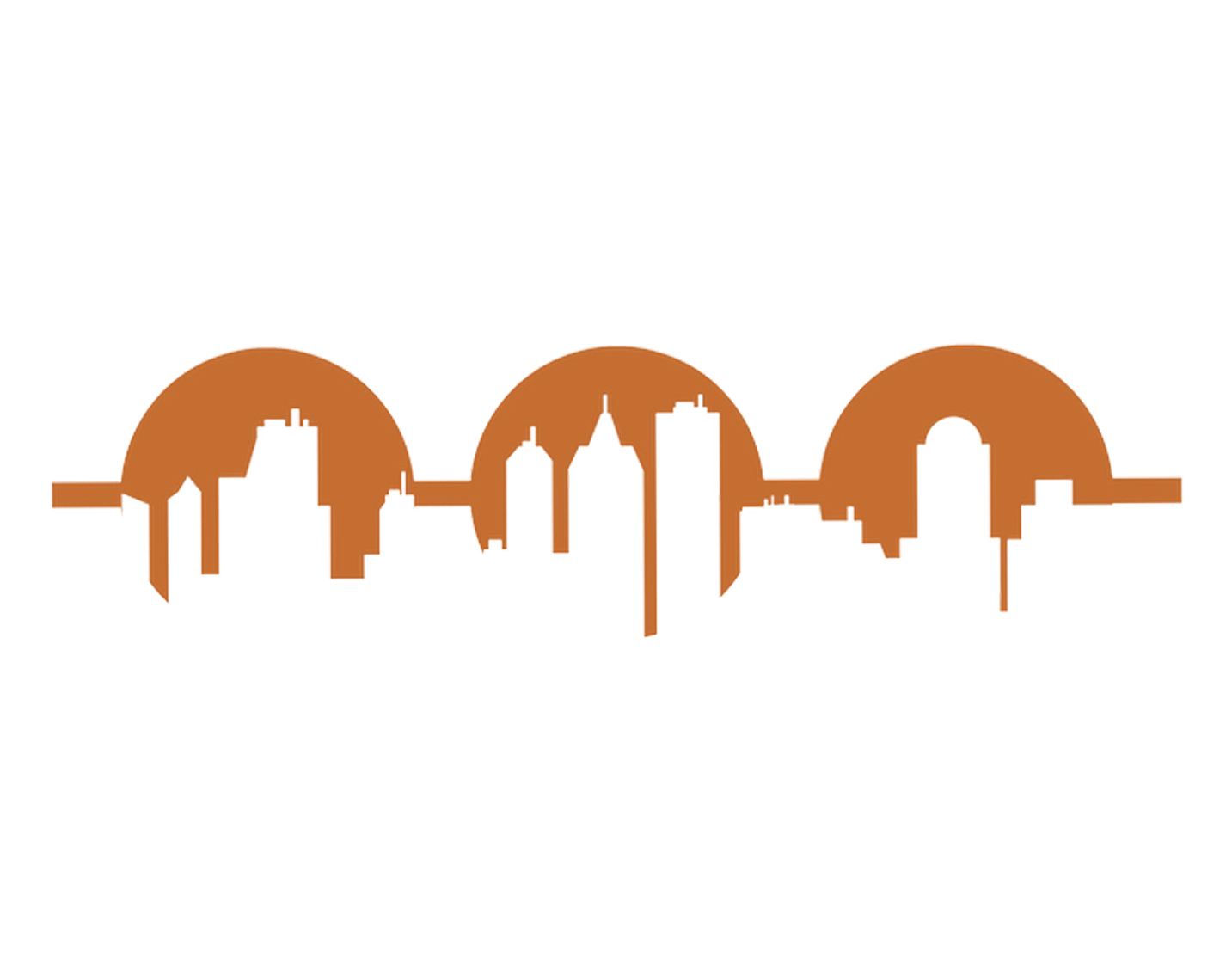 An orange silhouette of a city skyline on a white background