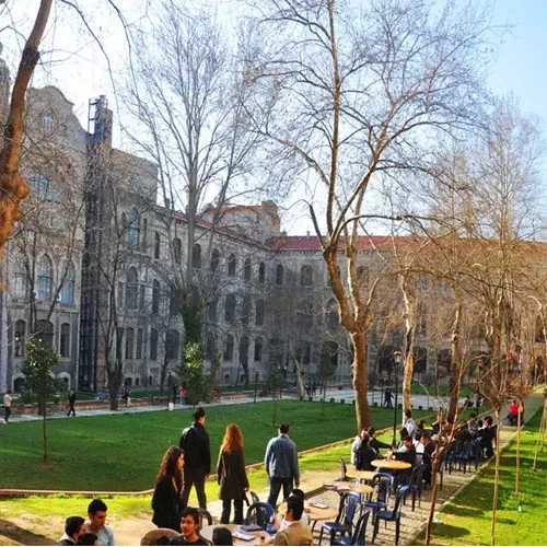 A group of people are sitting at tables in a park