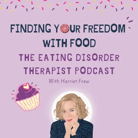 Podcast cover with lavender background, cupcake, and a woman portrait: “Finding Your Freedom With Food”