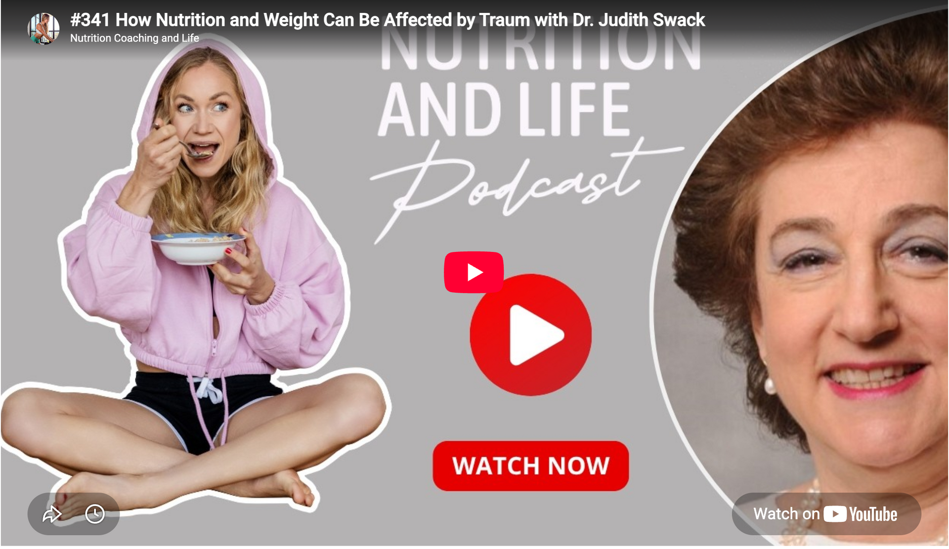 Nutrition and Life podcast promo with two women, red play button, and 