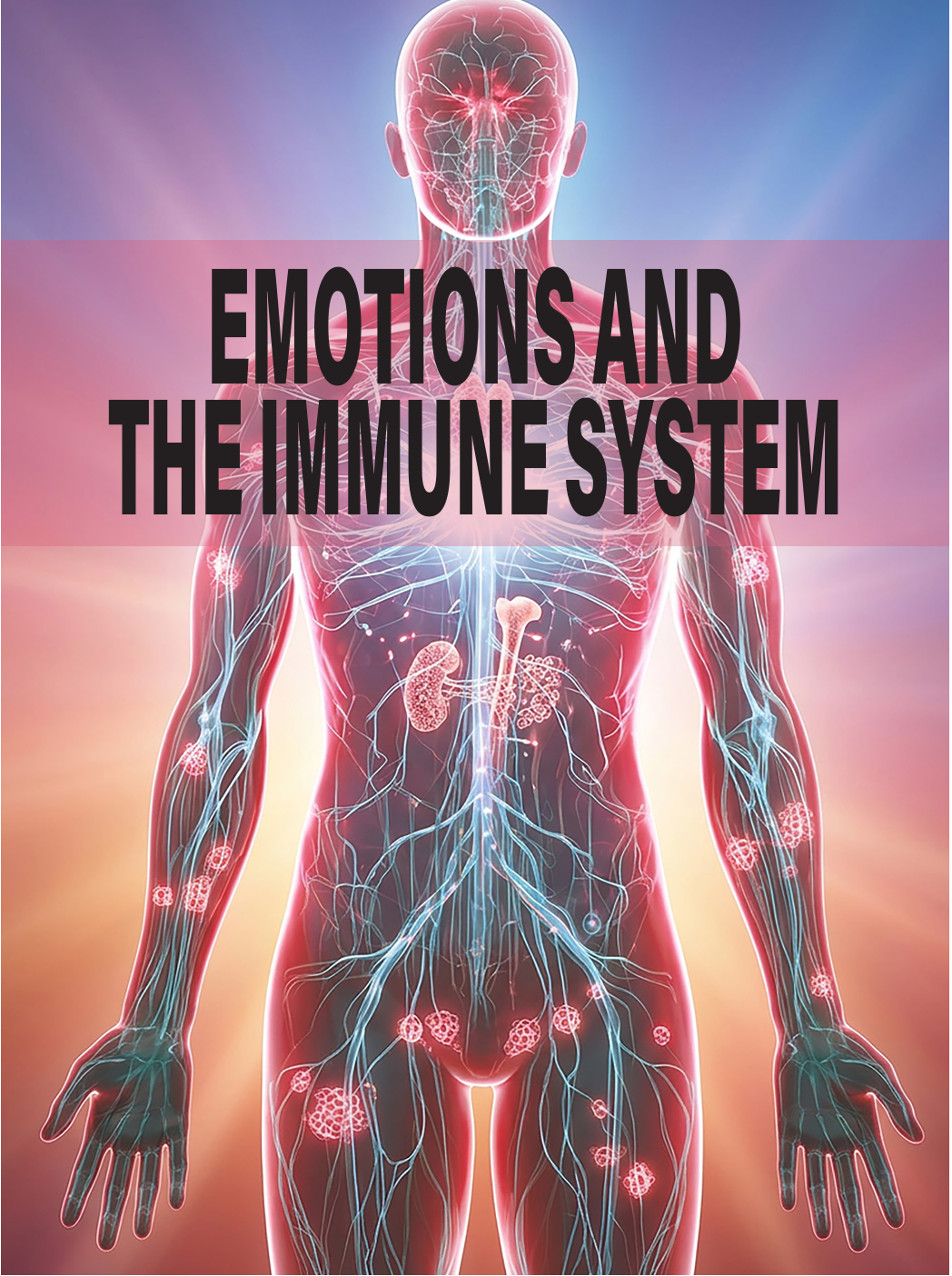 Human silhouette with glowing immune network and title text: “Emotions and the Immune System.”