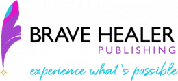 Logo for Brave Healer Publishing: text and feather graphic, teal, purple, yellow.