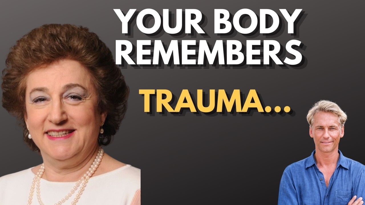 Text reading “YOUR BODY REMEMBERS TRAUMA...” with two portrait photos on dark background.
