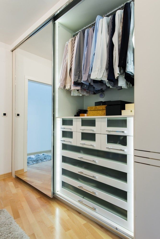 A Walk In Closet With Sliding Glass Doors And Drawer — Northern Glazing Glass & Aluminium In Smithfield, QLD
