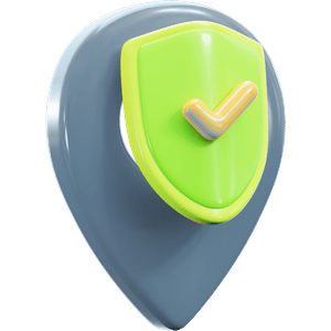 Gray map pin with a green shield and checkmark, symbolizing security or verified location