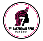 Logo for 7th Takedown Spot Hair Salon: Black woman's silhouette, braided hair, pink arrow, and a number