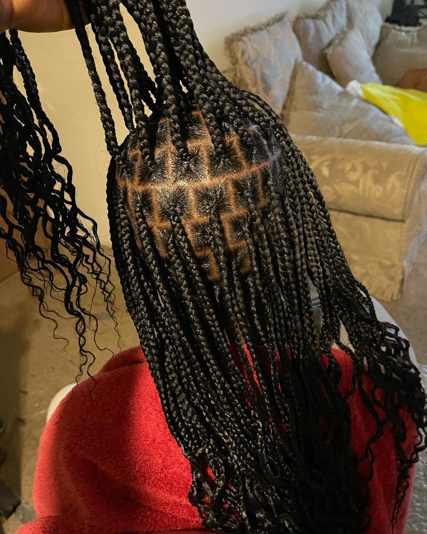 Close-up of black box braids hairstyle with some wavy strands.