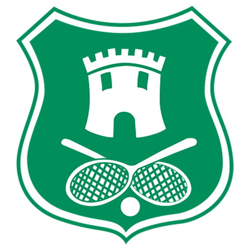 Een groen schild met daarop een kasteel en tennisrackets