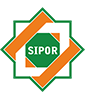 Een groen en oranje logo met het woord sipor erop.