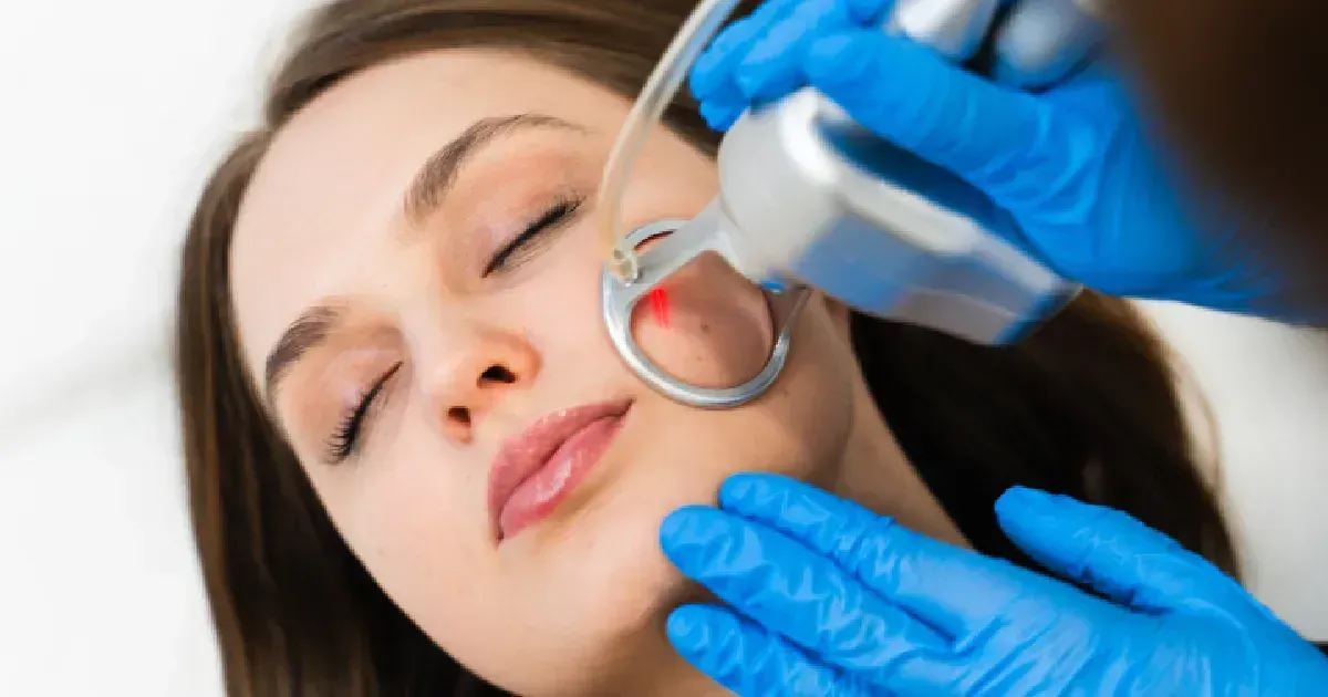 Gloved clinician using a dental tool on a patient’s cheek during a cosmetic procedure