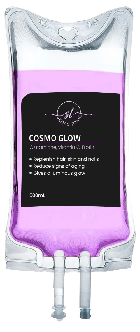 Graphic illustration of the Cosmo Glow IV Infusion bag, a signature beauty and skin radiance drip cocktail.