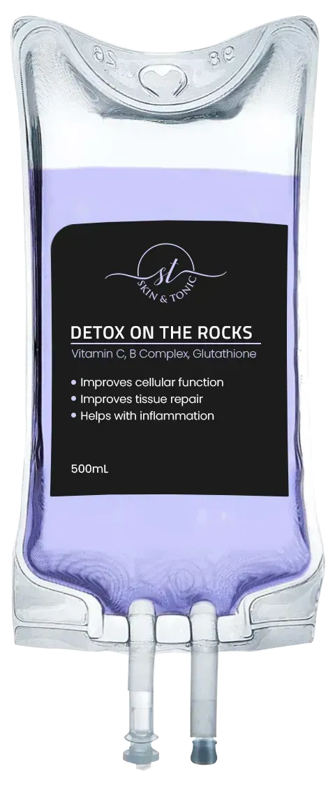 Graphic illustration of the Detox on the Rocks IV Infusion bag, a signature body detoxification drip cocktail.