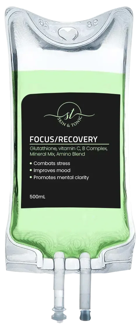 Graphic illustration of the Focus Recovery IV Infusion bag, a signature mental clarity and energy drip cocktail.